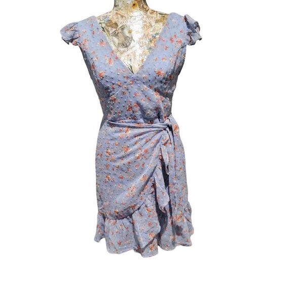 Dee Elly Blue Ditsy Floral Summer Ruffle Sleeves Girlcore Romantic Short Dress - Picture 10 of 10